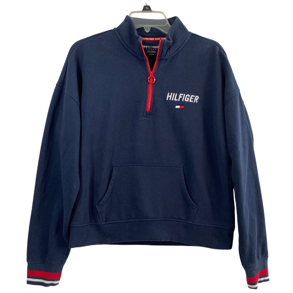 Tommy Hilfiger Sport Pullover Women Large Navy‎ Blue Quarter Zip Sweatshirt